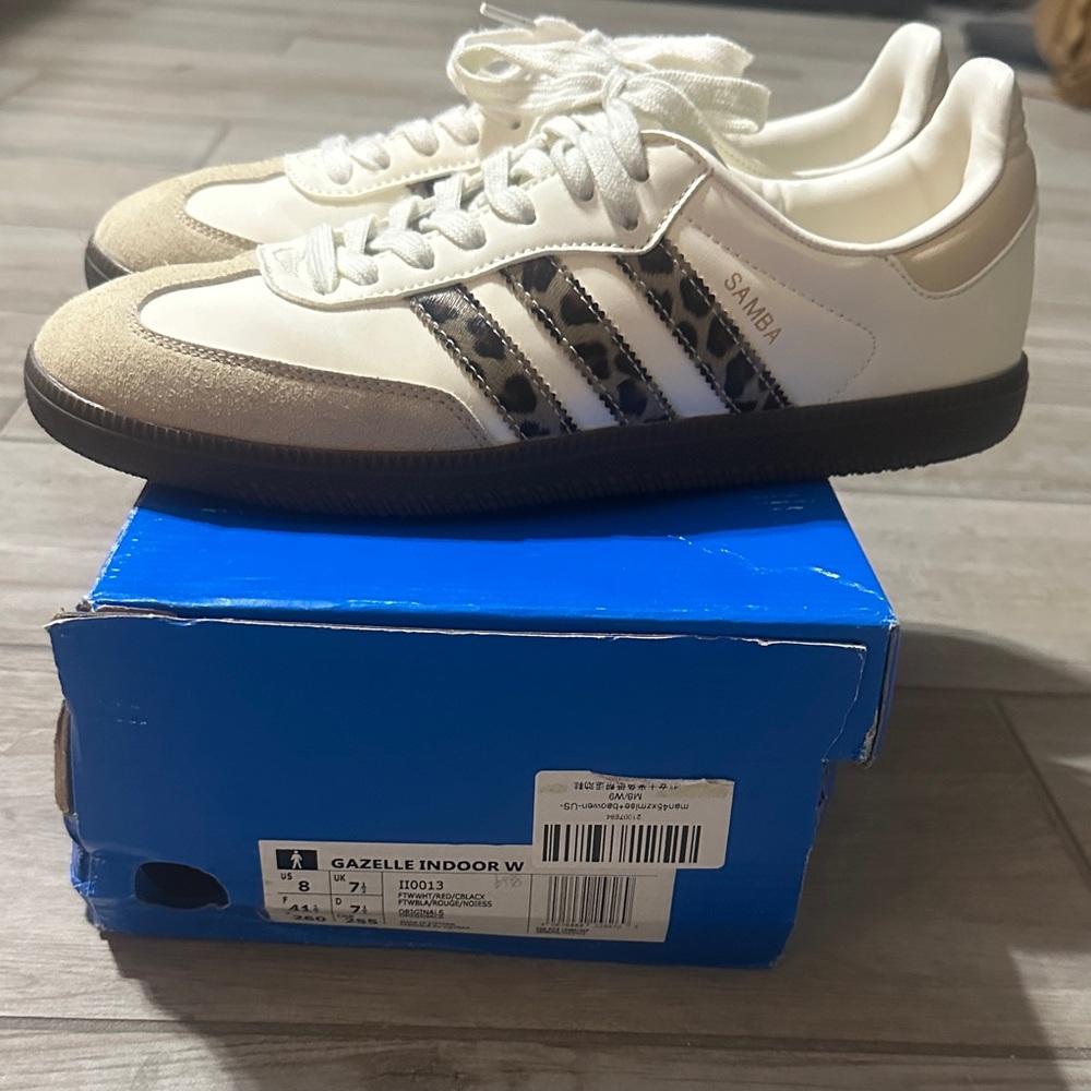 adidas Samba Sneakers in Cream with Leopard Three-Stripes